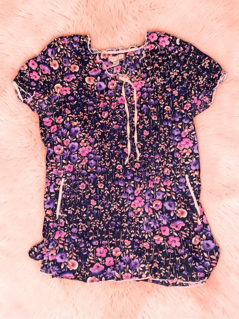 Floral Print Short Sleeve Women’s Nursing Scrub Top - Pink & Purple